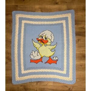 Handmade crochet afghan baby blanket blue with duck 40"x46" approx